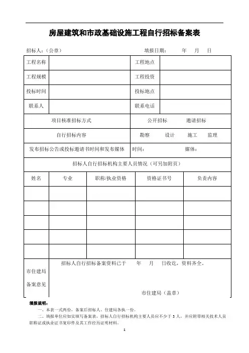 房屋建筑和市政基础设施工程自行招标备案表