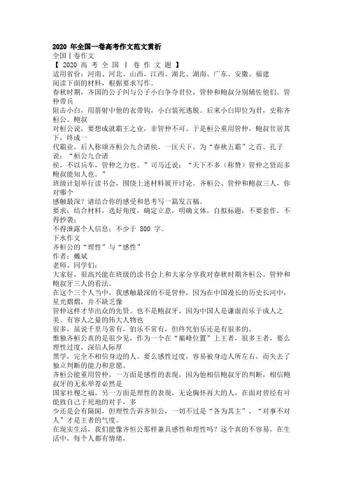 2020 年全国一卷高考作文范文赏析 
