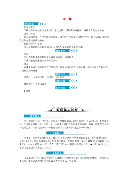 2019年八年级语文上册 第五单元 19蝉教案 新人教版