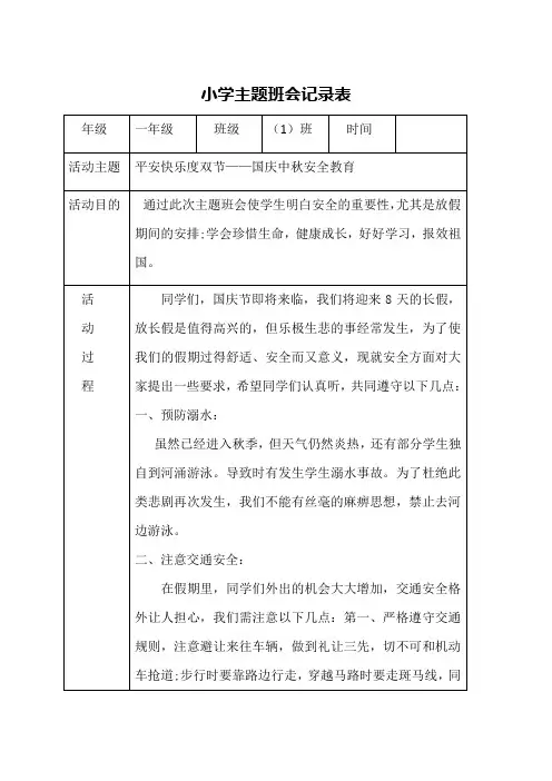 安全主题班会记录表