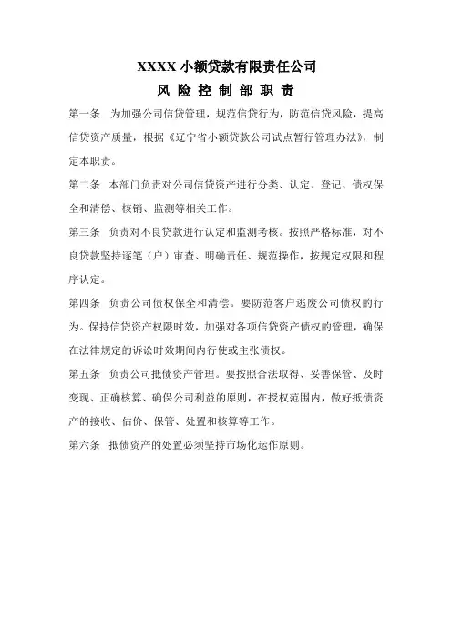小额贷款公司风险控制部职责