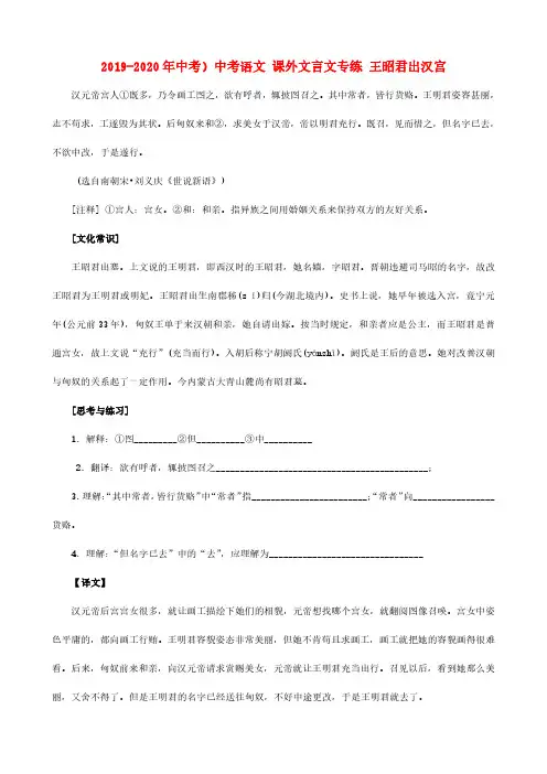 2019-2020年中考)中考语文-课外文言文专练-王昭君出汉宫