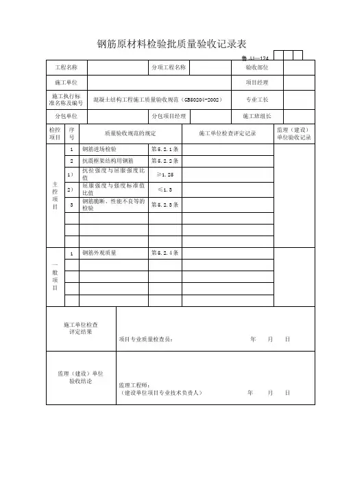 钢筋原材料检验批质量验收记录表