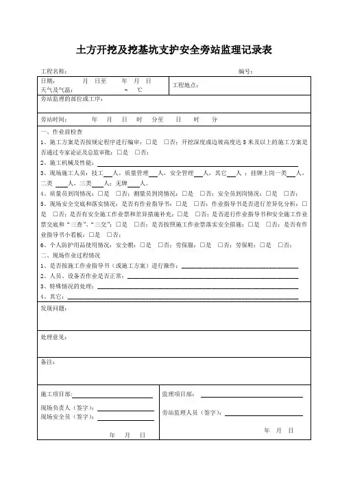 土方开挖安全旁站监理记录表