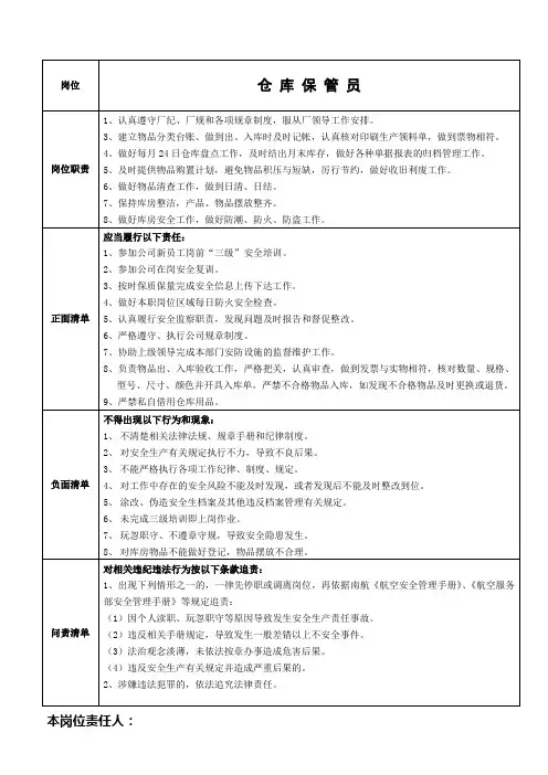 仓库管员岗位责任清单
