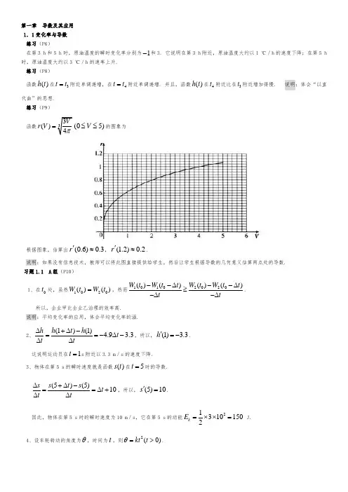 新课标高中数学导数和应用教材复习题答案