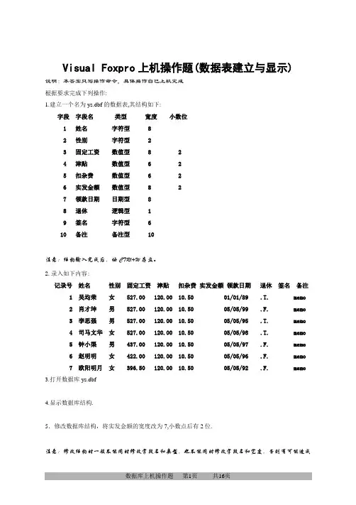 VFP上机操作题(数据库建立与显示答案)