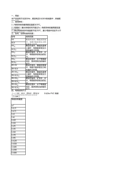VV型电缆载流量