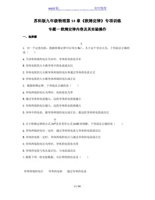 苏科版九年级上册物理第14章《欧姆定律》专项训练 专题一 欧姆定律内容及其实验操作(有答案)