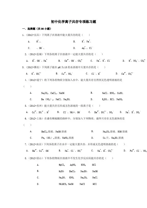 初中化学离子共存专项练习题