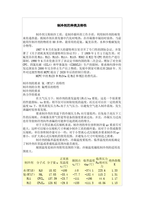 制冷剂的种类及特性