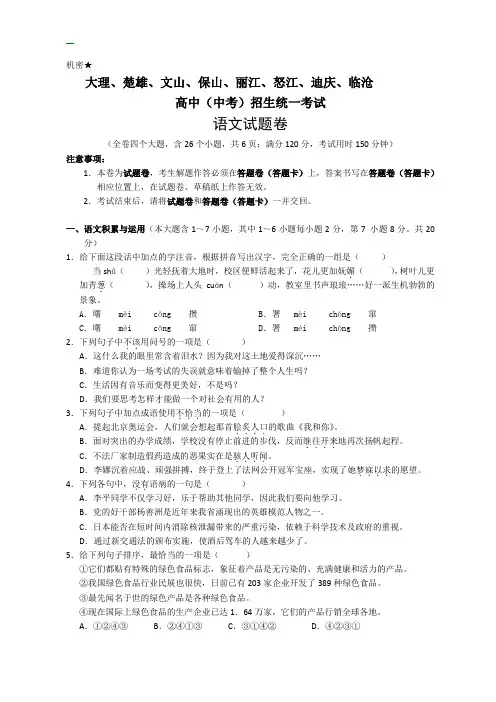 云南省大理市中考语文试题及答案