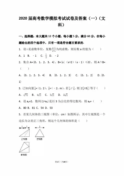 2020届高考数学模拟考试试卷及答案(文科)(一)