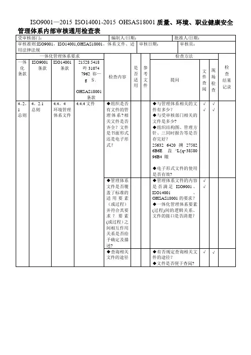 ISO9001-2015-ISO14001-OHSAS18001质量、环境、职业健康三体系内审检查表