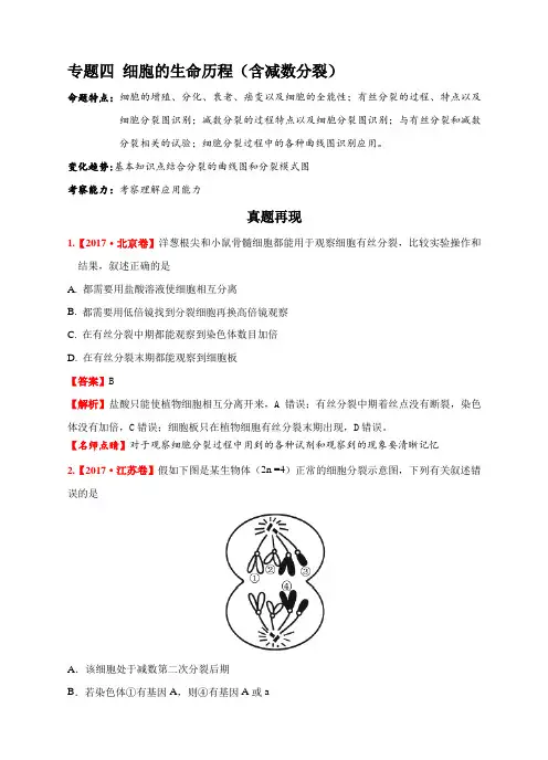 2017年生物高考真题汇编专题4、细胞的生命历程(含减数分裂)