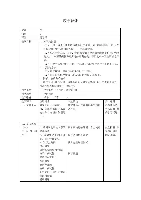 初中物理_声教学设计学情分析教材分析课后反思