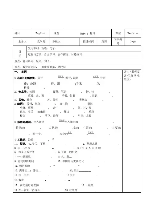 冀教版七年级英语下册unit1复习案