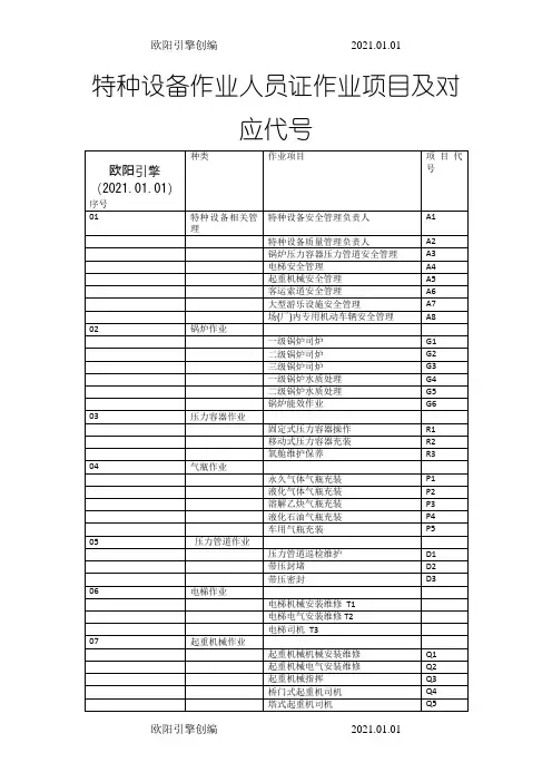特种设备作业人员证作业项目及对应代号之欧阳引擎创编