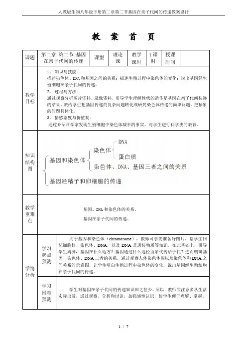人教版生物八年级下册第二章第二节基因在亲子代间的传递教案设计