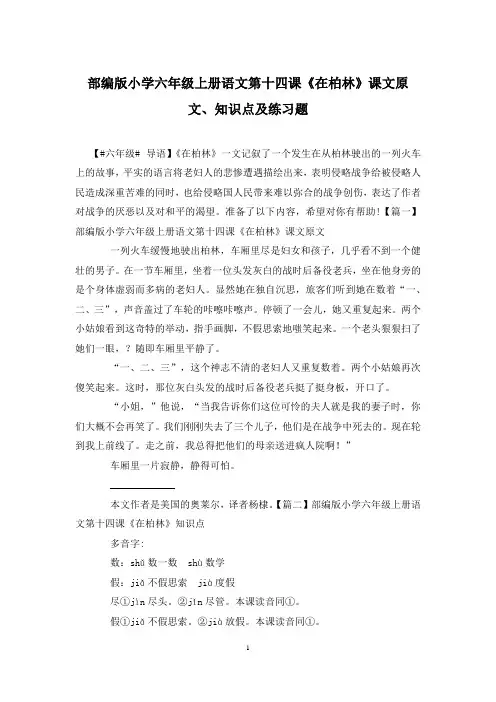 部编版小学六年级上册语文第十四课《在柏林》课文原文、知识点及练习题 2