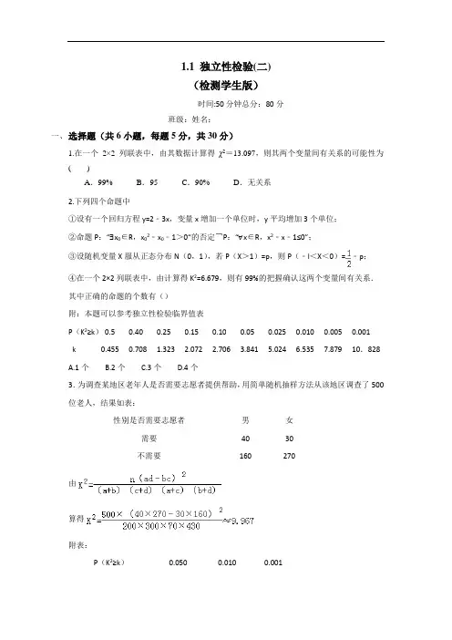 人教B版高中数学选修1-2 1-1独立性检验二测试学生版 