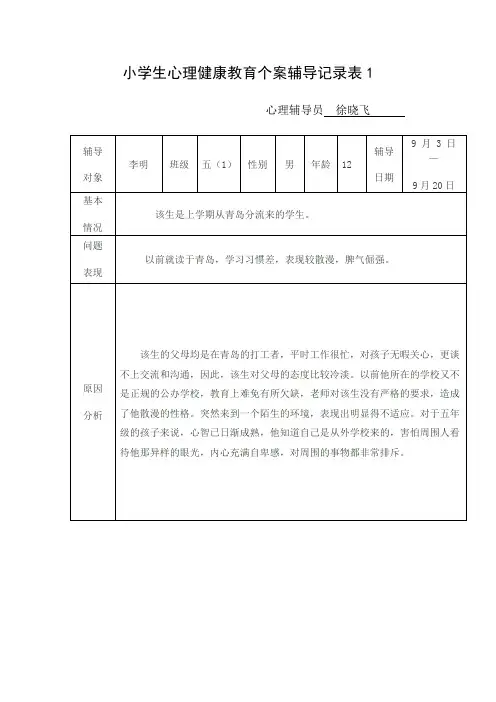 小学生心理健康教育个案辅导记录表1