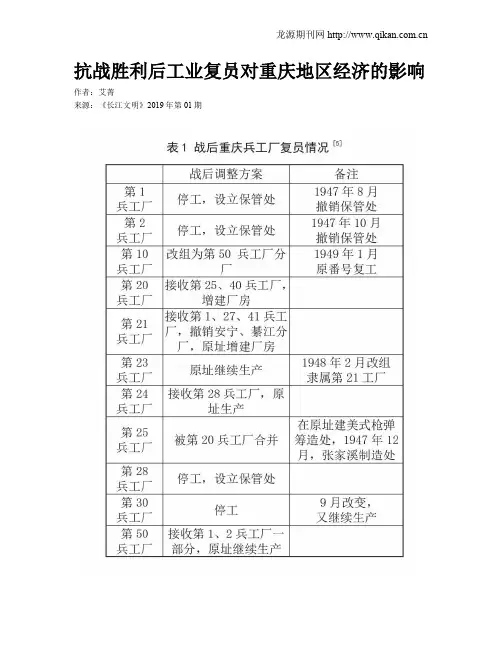 抗战胜利后工业复员对重庆地区经济的影响