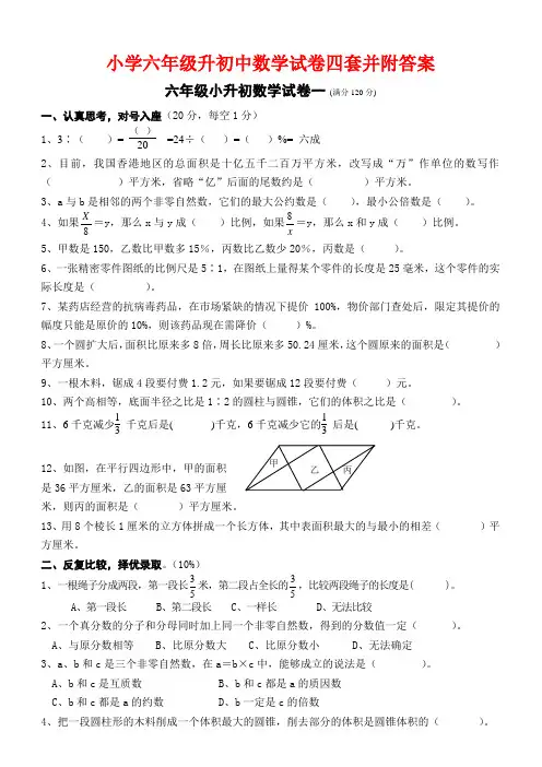 小学六年级升初中数学试卷四套并附答案