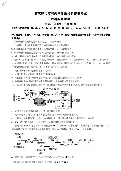 河北省石家庄市第二中学石家庄市2020届高三下学期教学质量检测模拟考试理科综合试卷及参考答案