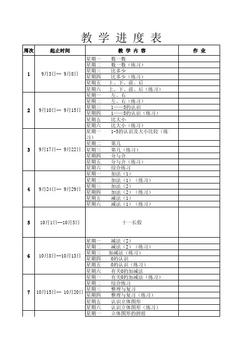 一年级—六年级数学上册教学进度表