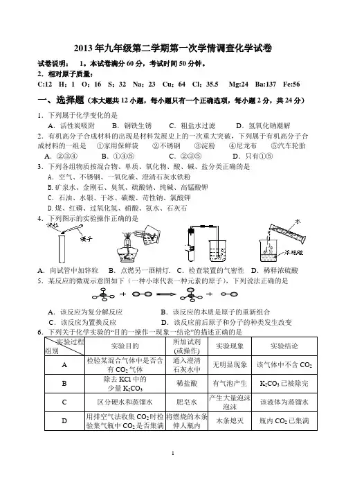 2013年九年级第二学期第一次月考化学试题