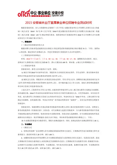 2015安徽省林业厅直属事业单位招聘专业测试时间