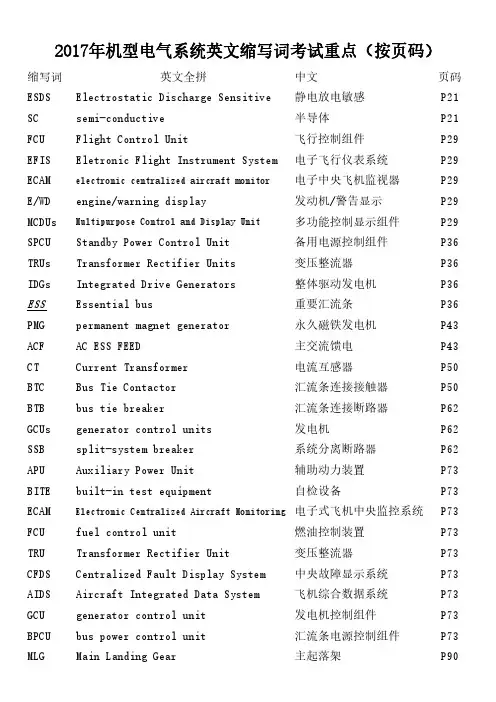 飞机机型电气系统英文缩写词