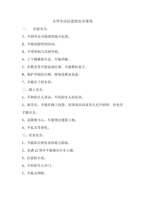 小学生应注意的安全事项