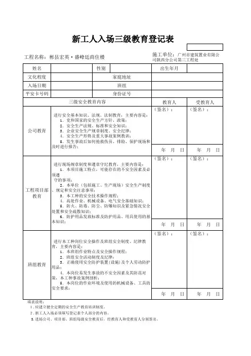 建筑工地安全三级教育登记表