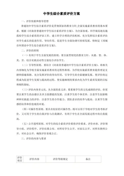 中学生综合素质评价方案