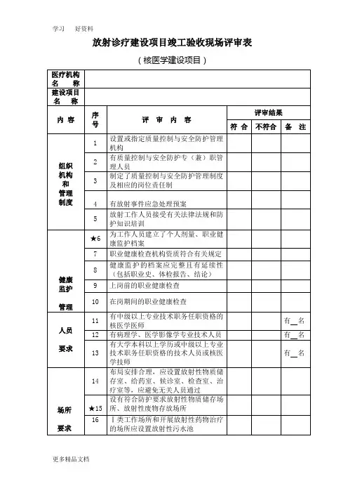 放射诊疗建设项目竣工验收现场评审表(核医学)汇编