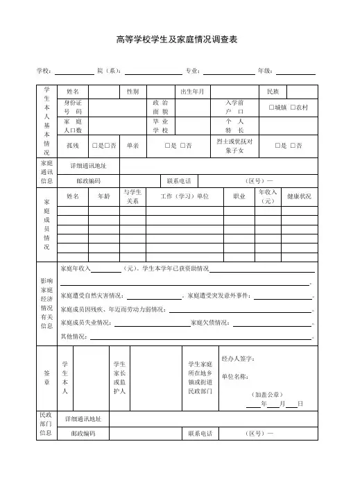学生家庭情况调查表模板 2