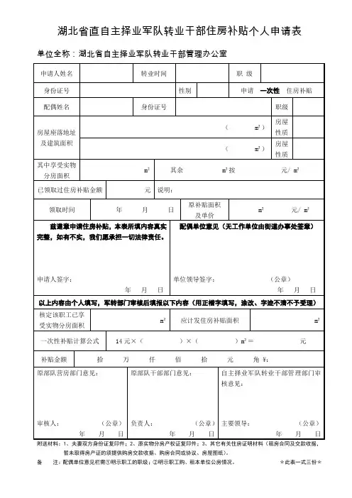 湖北省直自主择业军队转业干部住房补贴个人申请表