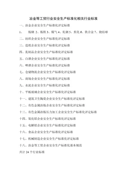 冶金等工贸行业安全生产标准化相关行业标准