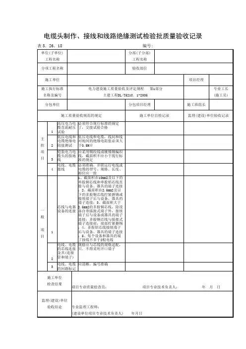 【工程文档】电缆头制作、接线和线路绝缘测试检验批质量验收记录