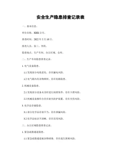 安全生产隐患排查记录表 2