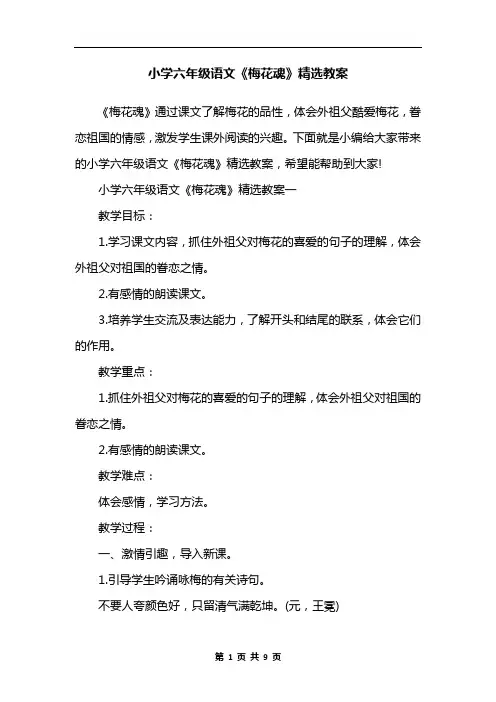 小学六年级语文《梅花魂》精选教案