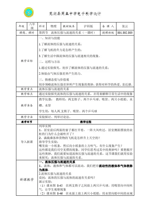 第四节  流体压强与流速的关系
