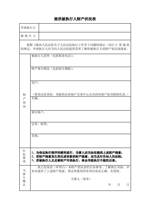 (完整版)提供被执行人财产状况表 2