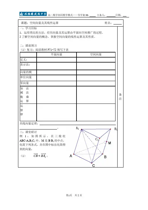 空间向量及其运算关系导学案