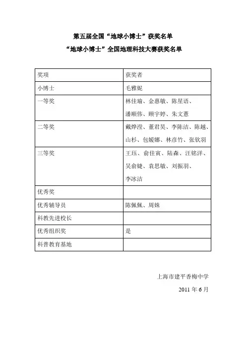 第五届全国“地球小博士”获奖名单