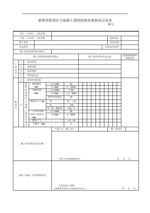 悬臂浇筑预应力混凝土梁检验批质量验收记录表