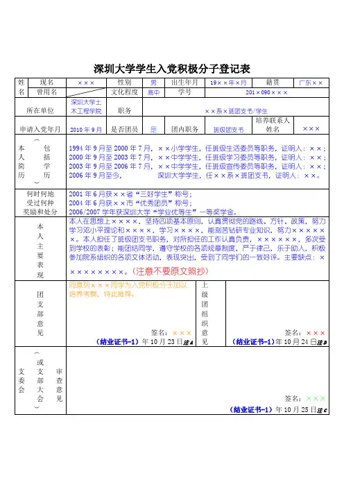 深大大学入党积极分子登记表(正式版模板-下半年)
