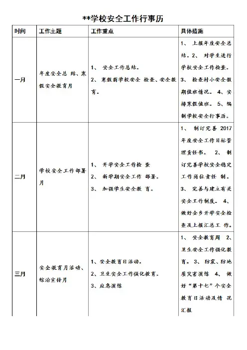 学校安全工作行事历